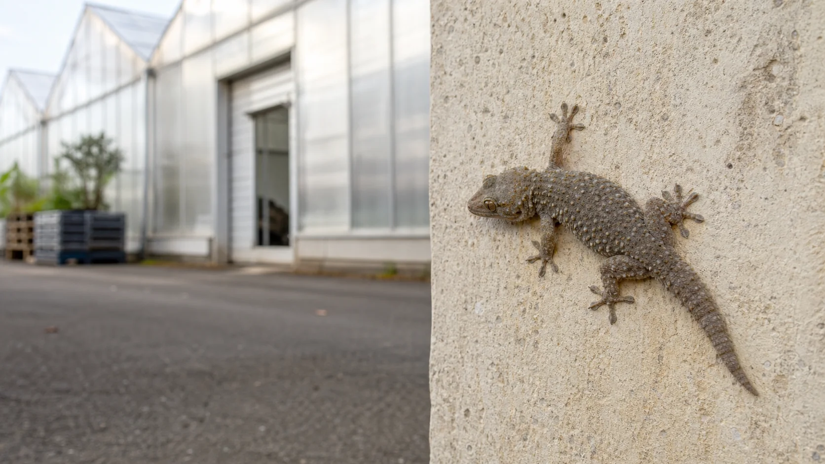 Mauergecko an einer Außenwand neben einem Gewächshaus