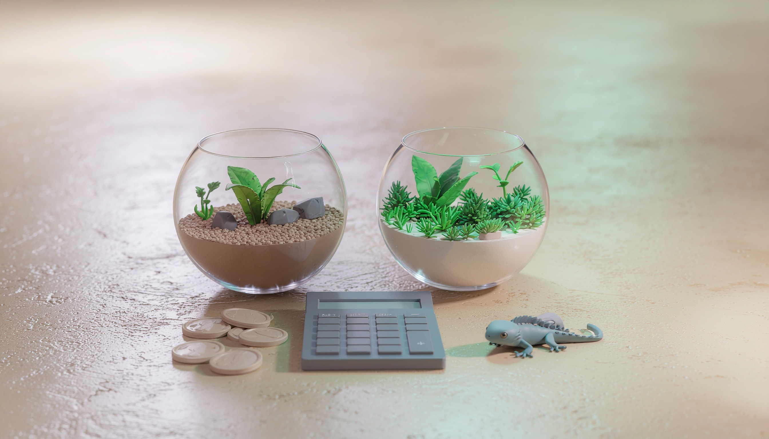 Illustration eines reduzierten Basis-Terrariums und eines dichter bepflanzten Bioactive-Setups im Vergleich