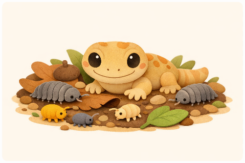 Illustration von Springschwänzen und Asseln in Laubstreu und Bodengrund eines Terrariums