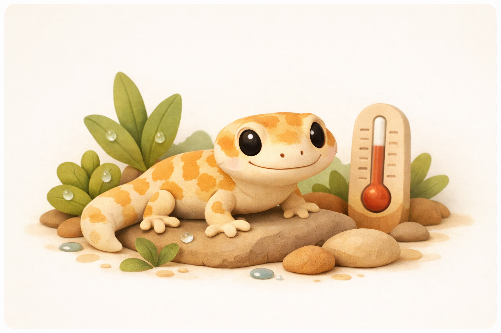 Illustration eines Geckos in einem bepflanzten Terrarium mit Blick auf Feuchte, Pflanzenzustand und Temperaturkontrolle