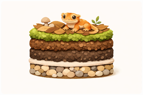 Illustration eines terrariumgeeigneten Schichtaufbaus mit Drainage, Trennlage und Bodengrund