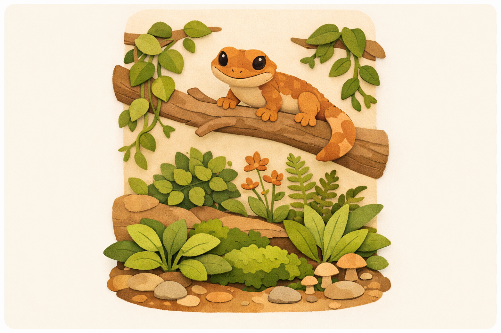 Illustration verschiedener Pflanzenzonen in einem bepflanzten Terrarium mit Boden-, Mittel- und Kletterbereichen