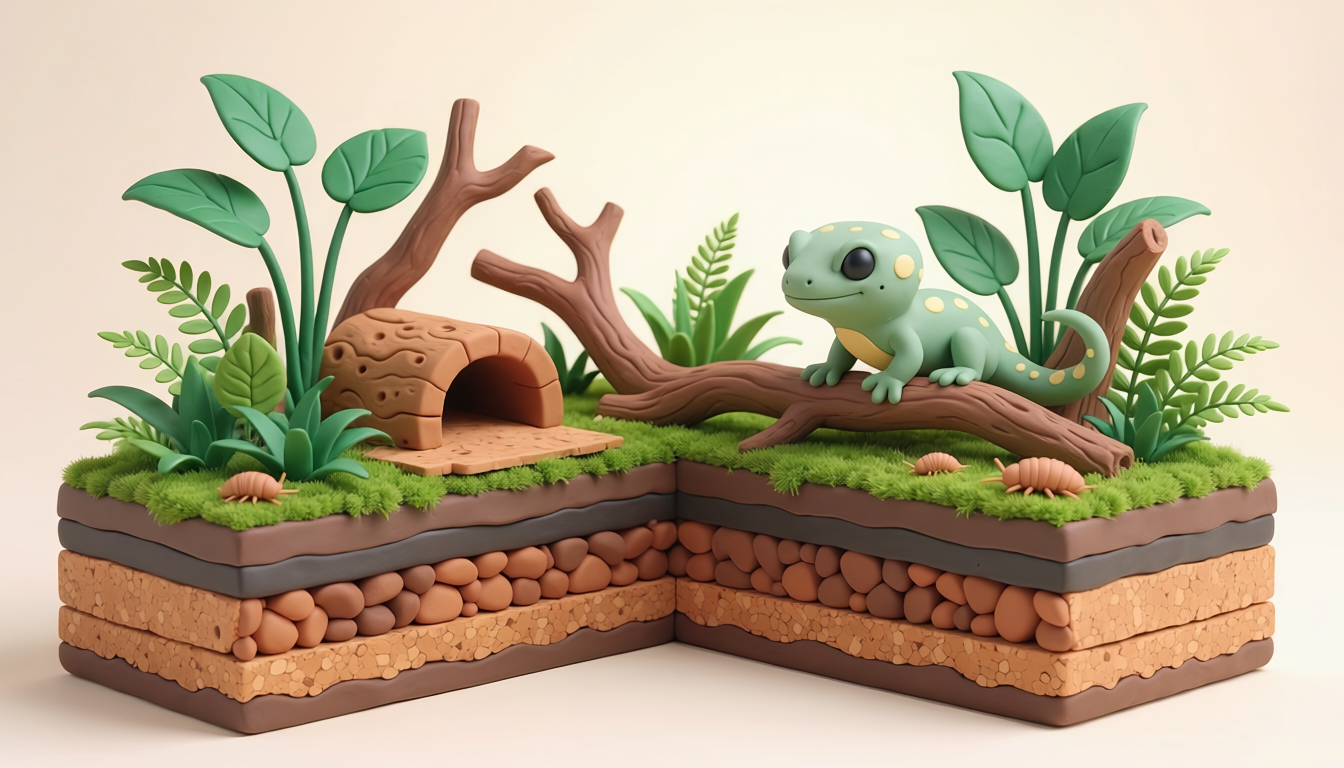 Illustration eines bepflanzten bioaktiven Terrariums mit Gecko und Strukturholz