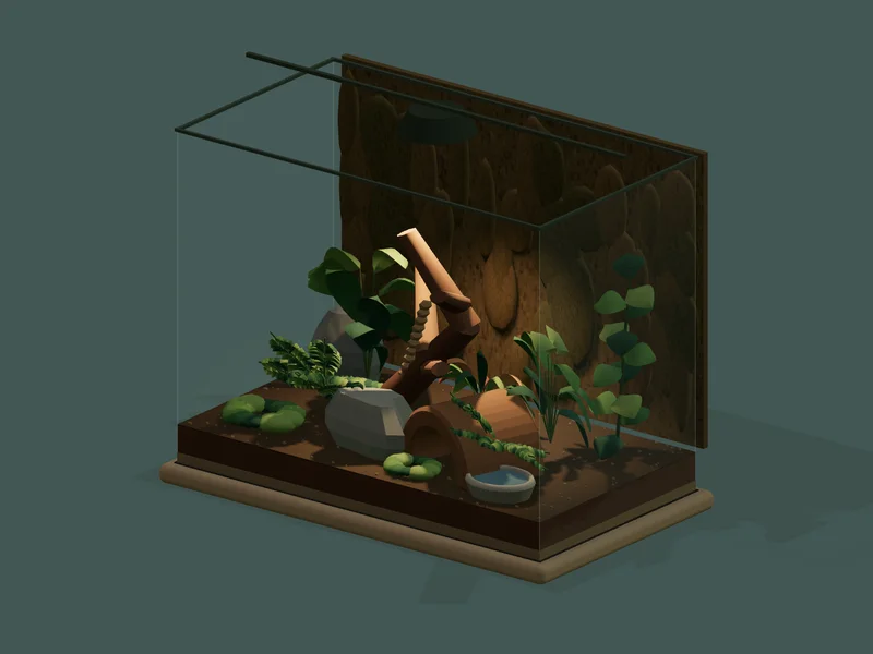 Bepflanztes Terrarium mit Wurzel und Wasserschale im 3D-Planer