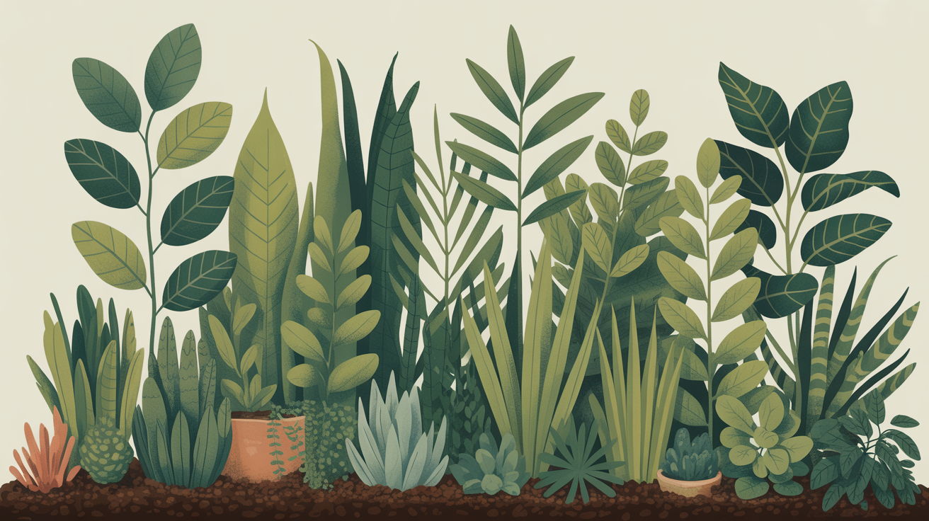 Illustration einer kuratierten Terrarienpflanzen-Auswahl mit unterschiedlichen Blattformen